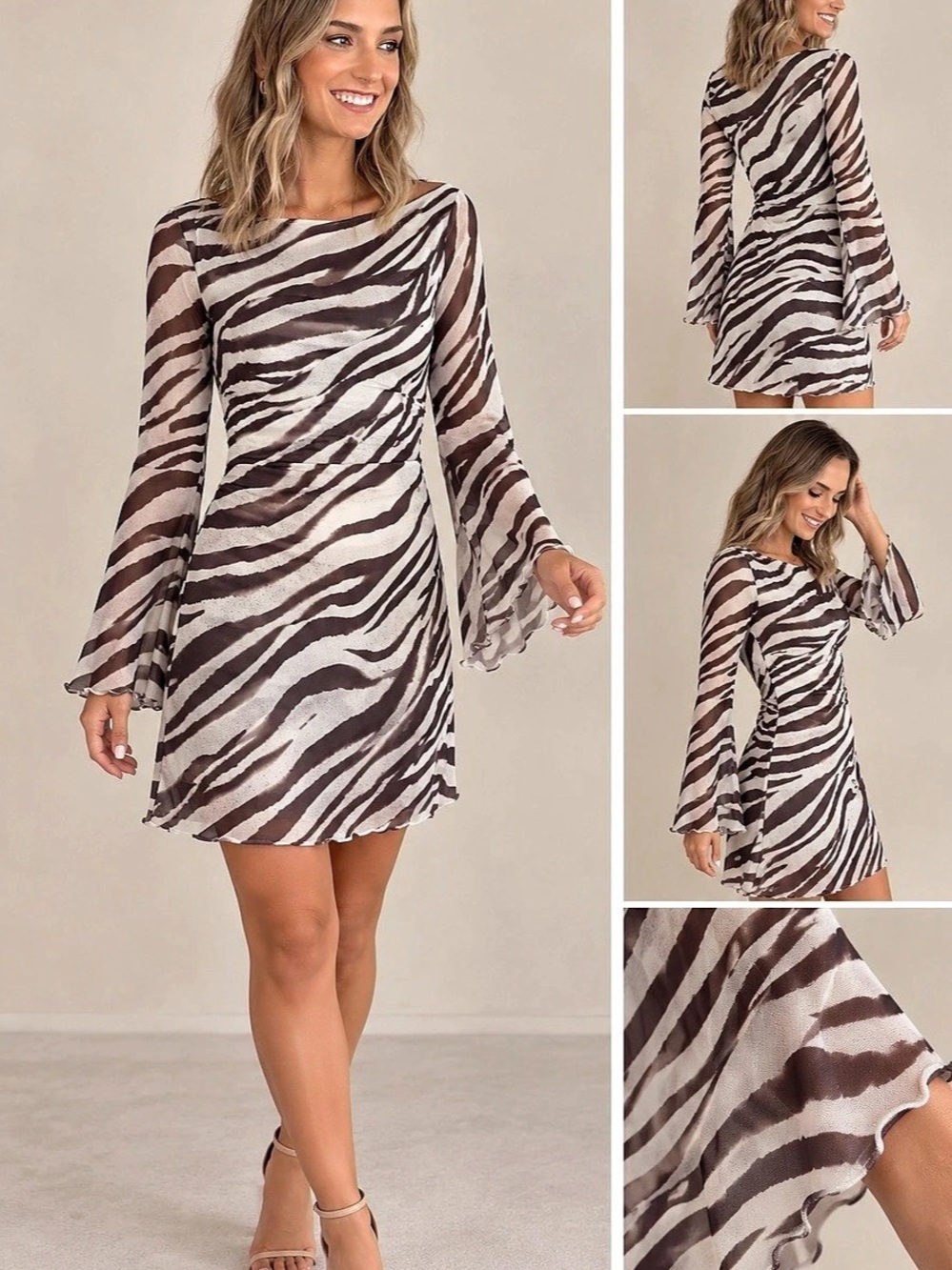 Animal Print Tulle Dress Mini in Brown & White